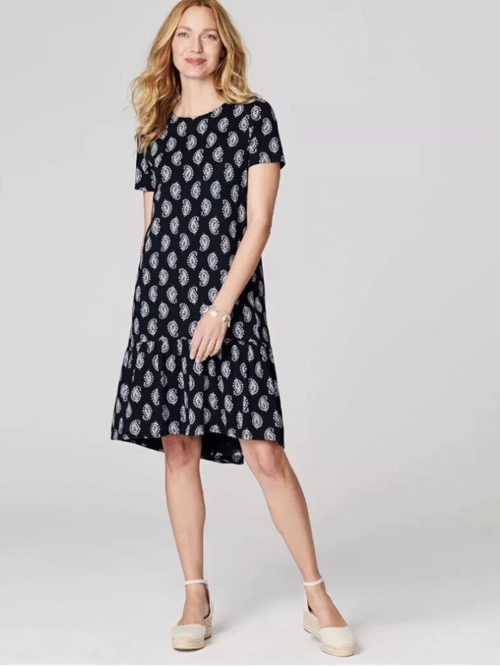 J Jill Paisley Printed Short Sleeve Hi-Low Flounced Hem Dress M Navy